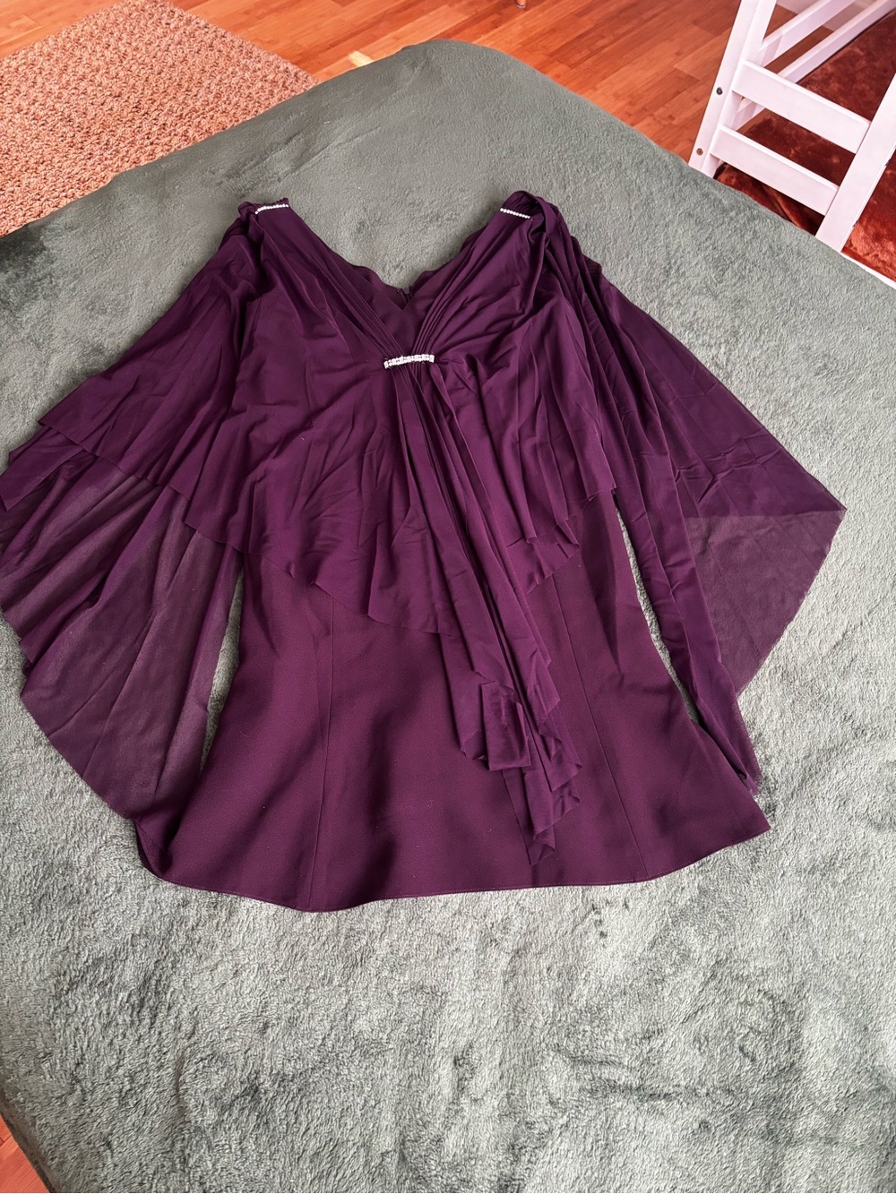 NWT 14 Daymor Couture Purple Chiffon Cape Evening Dress Formal Rhinestone